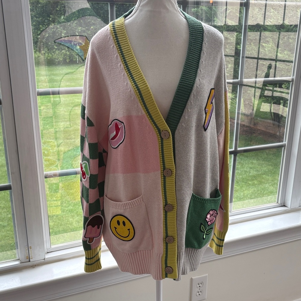 Minnie‎ Rose Green Gray  Cardigan Sweater embellished cashmere cotton rainbow